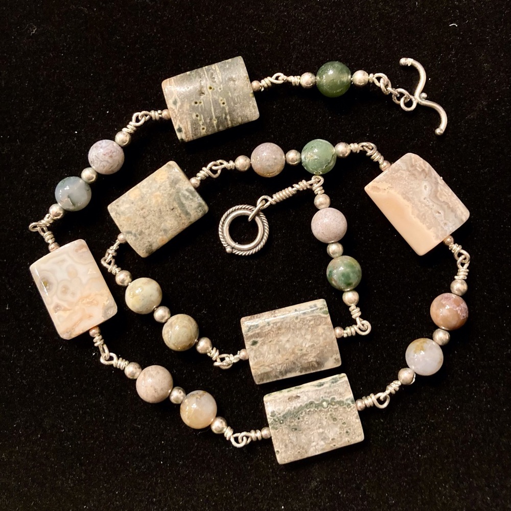 Handcrafted 925 Sterling and Green Jasper rectangular & round beads. 18.5”L